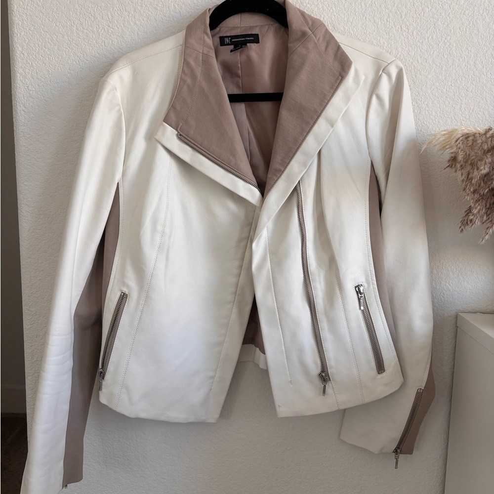 INC International Concepts White and Tan Leather Jacket